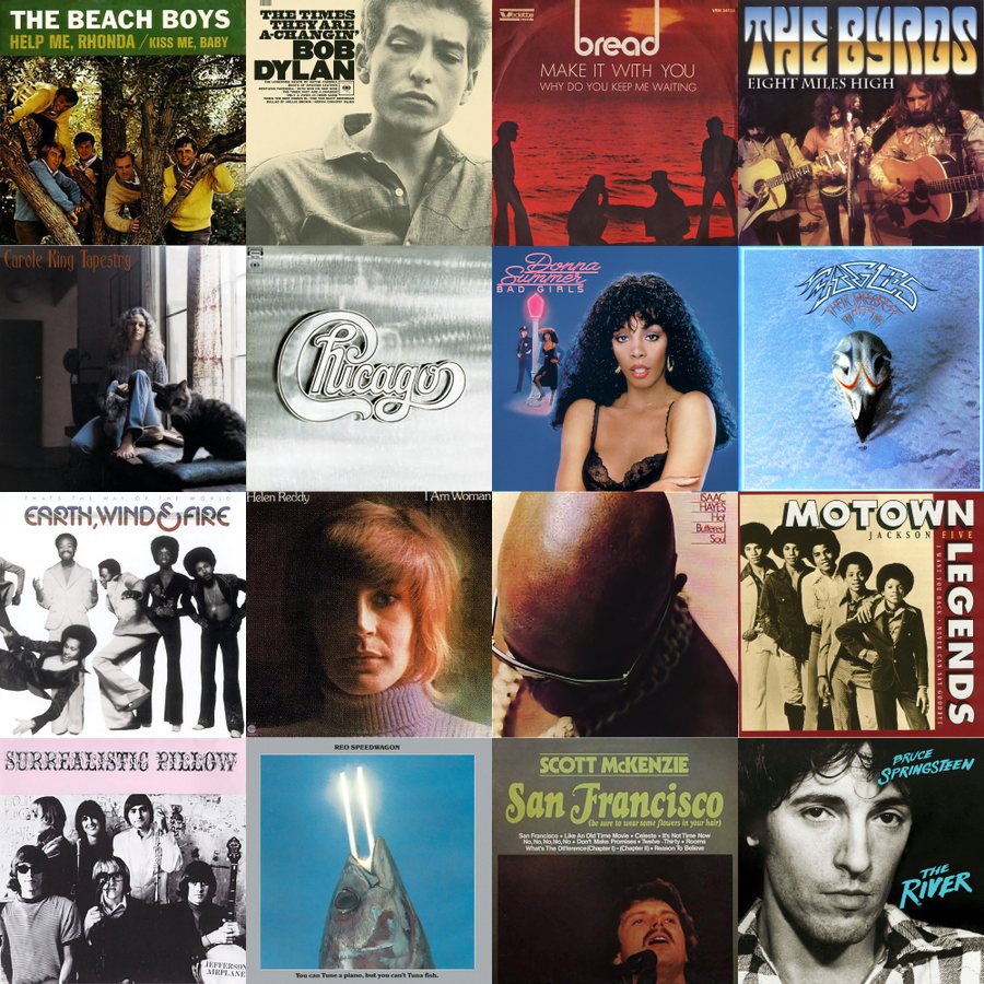 A grid of classic album covers from the era, from the Beach Boys to Springsteen